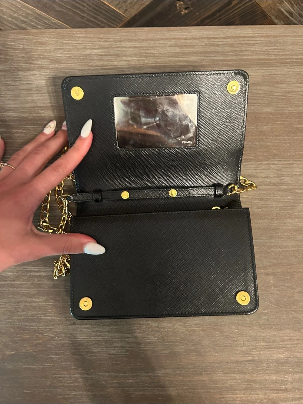 Prada Black Saffiano Printed Faces Leather Chain Clutch